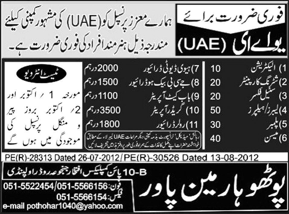 Electrician, Shuttering Carpenter and Construction Staff Required for UAE