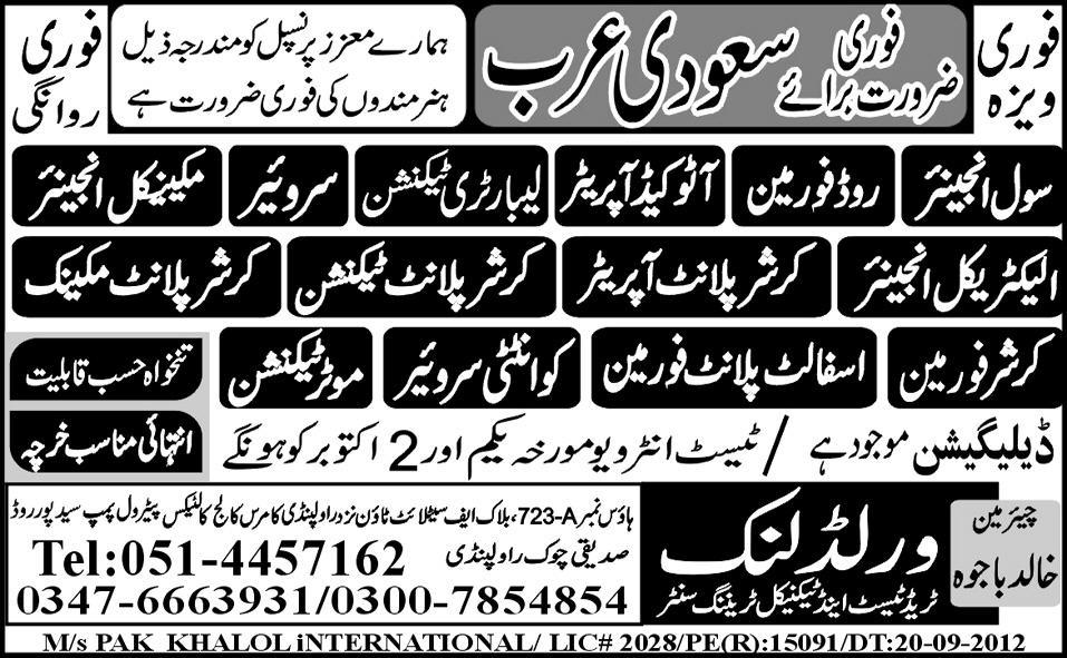 Civil Engineer, Motor Technician and Construction Staff Required for Saudi Arabia
