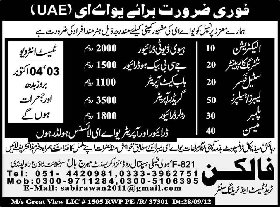 Construction Staff and Electrician Required by Falcon Trade Test Centre for UAE