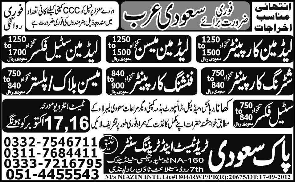 Lead Man Carpenter and Construction Staff Required for Saudi Arabia