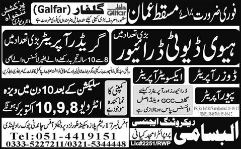 Heavy Duty Driver and Grader Operator Required for Masqat/ Oman