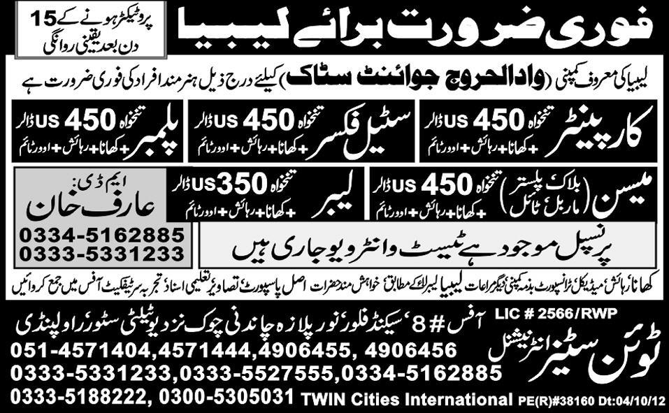 Construction and Other Staff Required for Libya