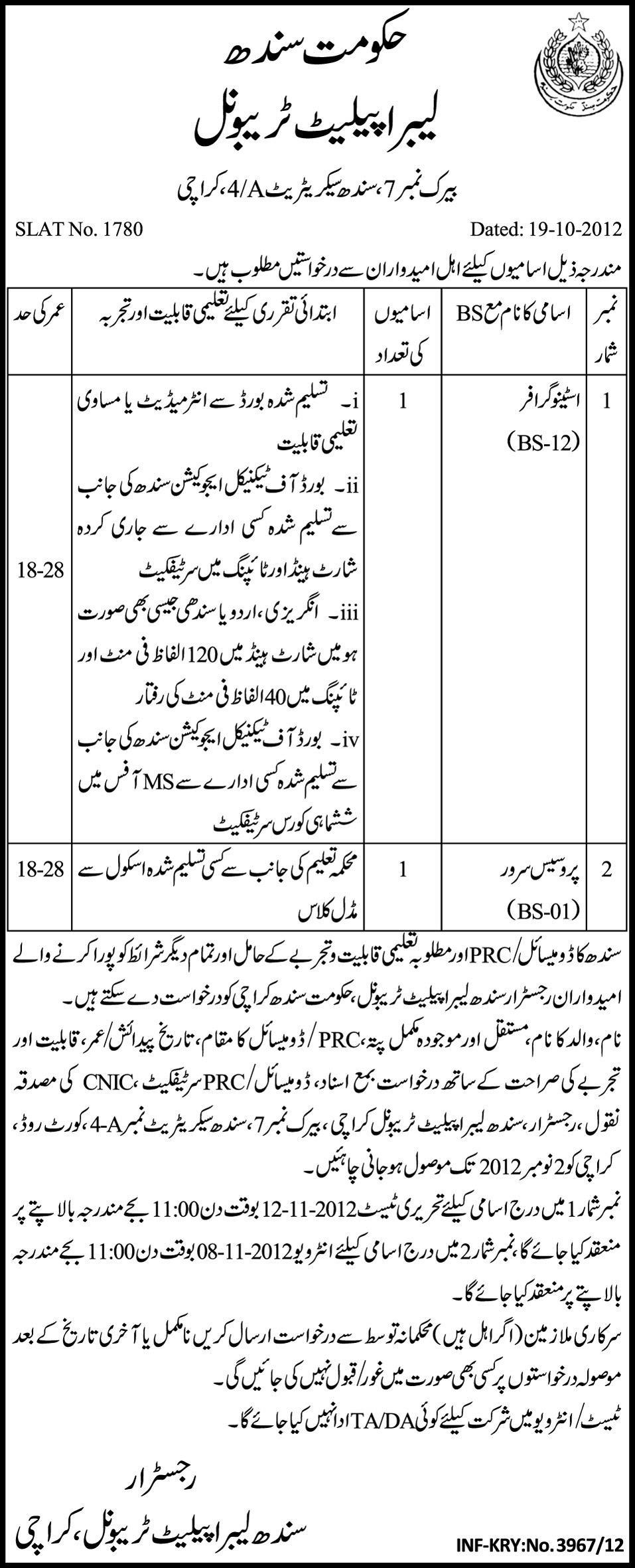 Jobs in labor appellate tribunal, Government of Sindh
