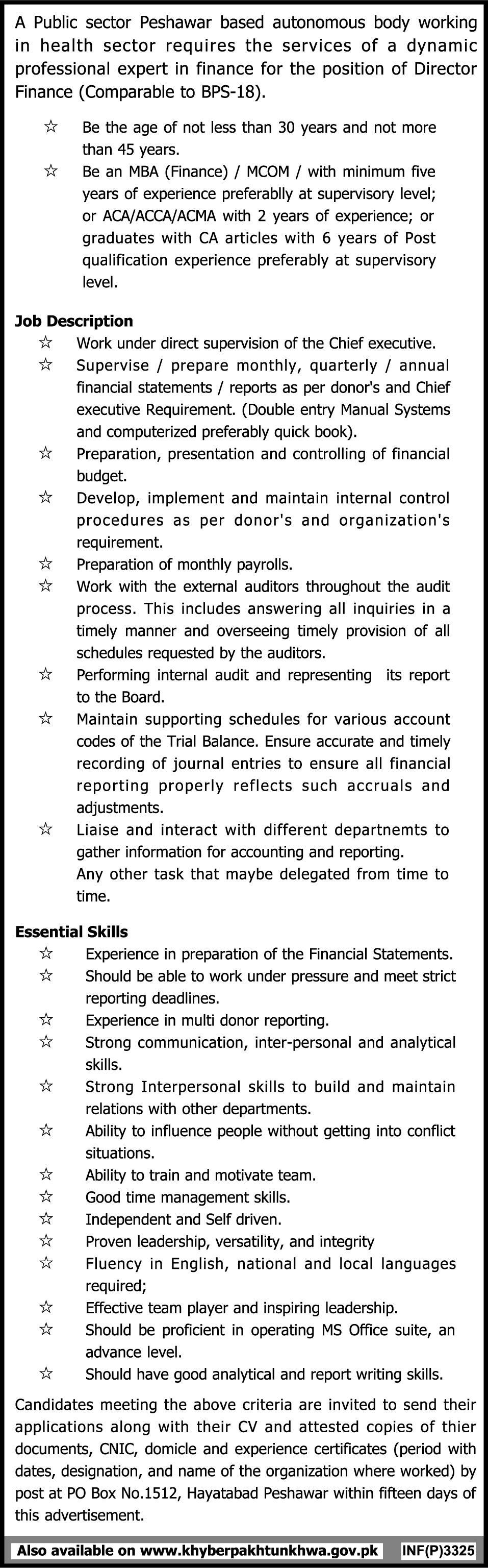 Director Finance Job in Public Sector Peshawar