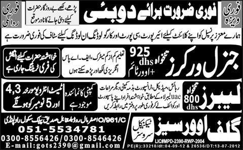 General Workers and Labors Required for Dubai, UAE