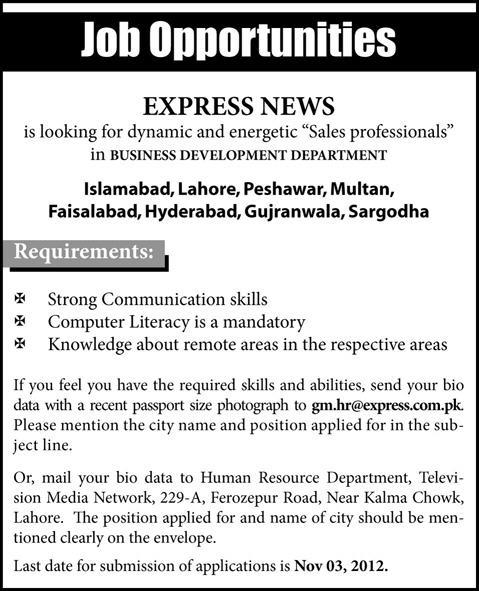 Sales Professionals Required by Express News Jobs