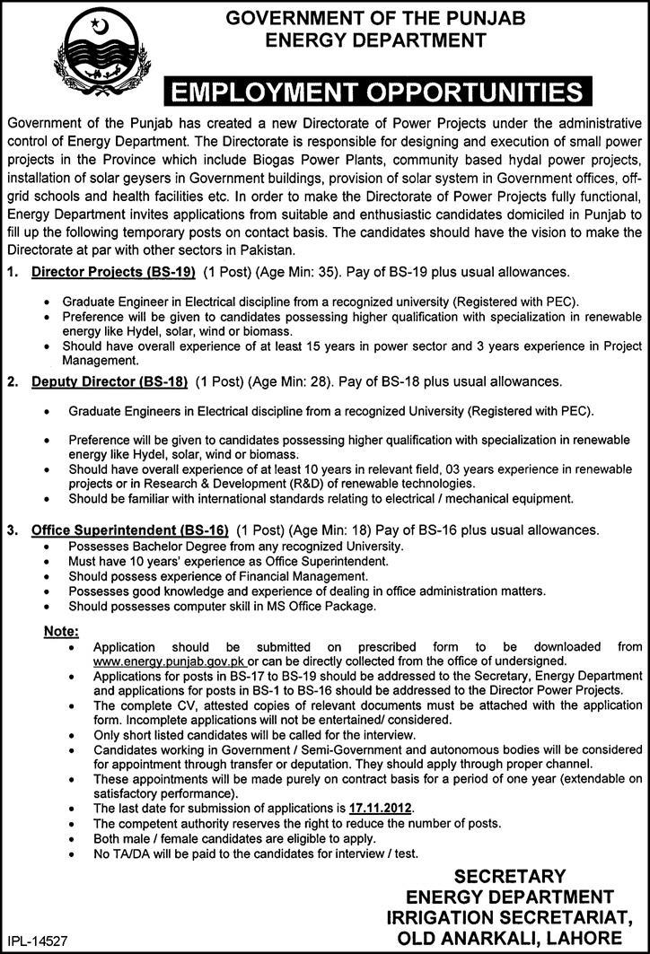 Energy Department Government of Punjab Needs Directors & Superintendent