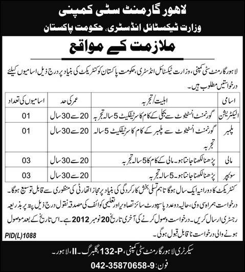 Lahore Garment City Company, Ministry of Textile Industry Jobs