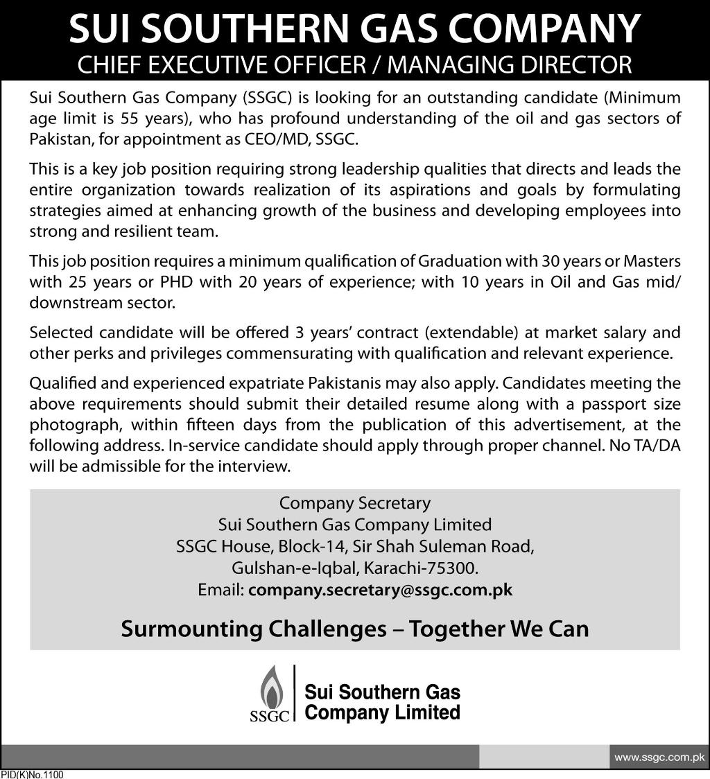 Sui Southern Gas Company (SSGC) Requires CEO/MD