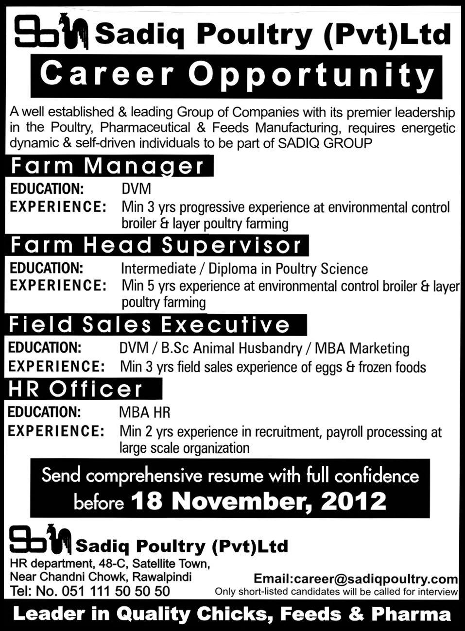 Sadiq Poultry Jobs for Manager, Supervisor, Sales & HR