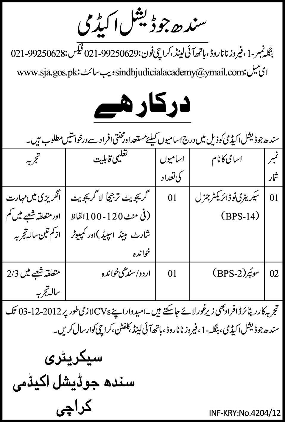 Jobs in Sindh Judicial Academy (SJA) Sindh Government