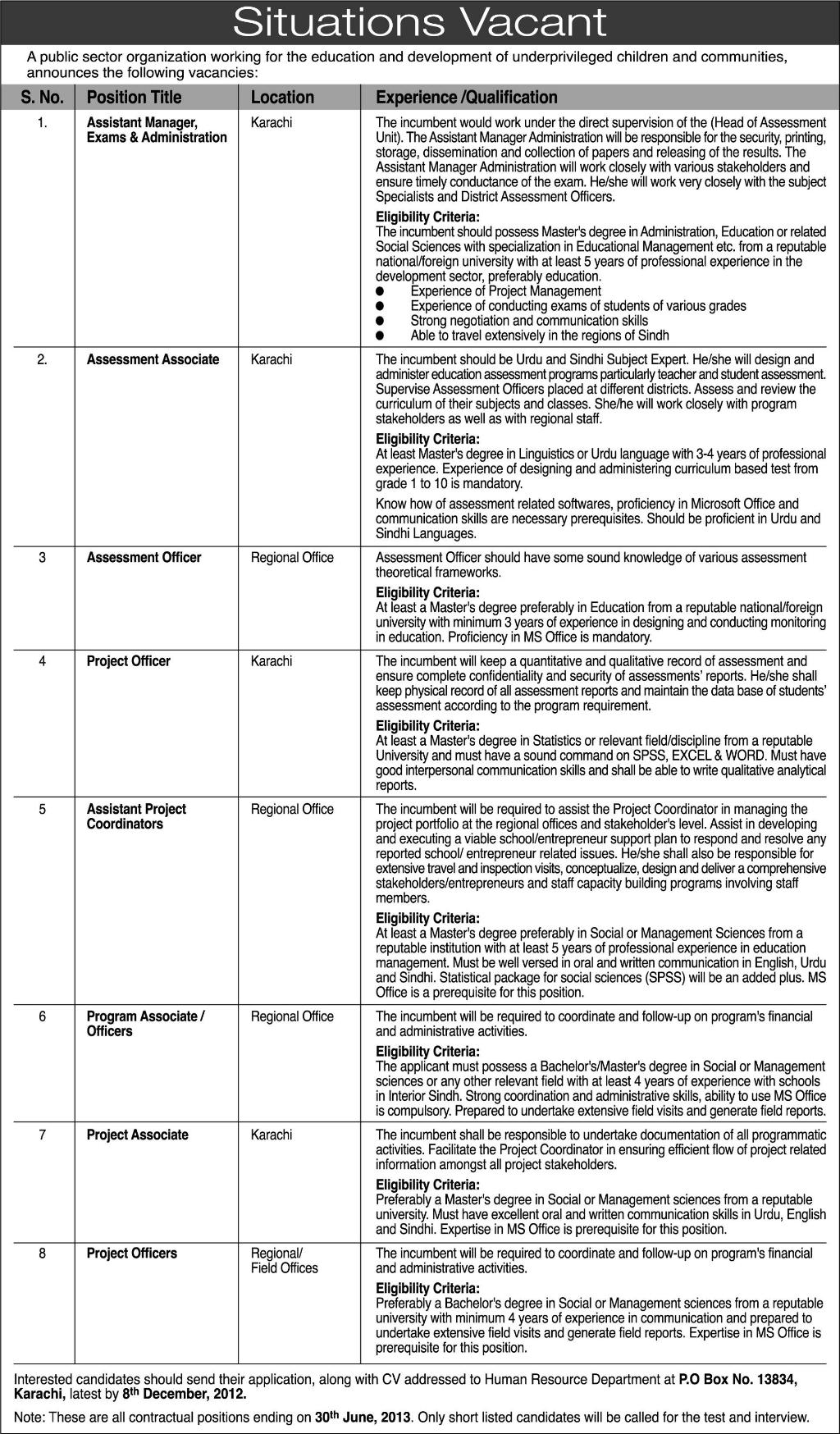 PO Box 13834 Karachi Jobs in a Public Sector Organization for Managers Officers & Staff