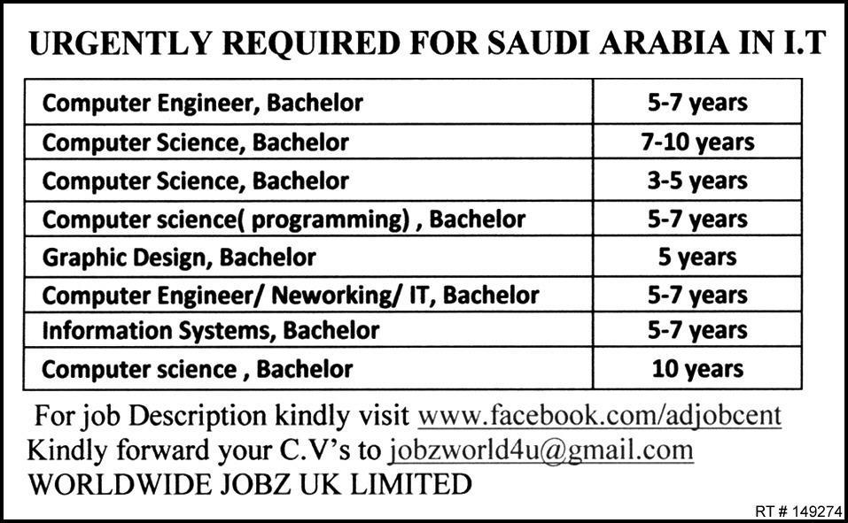 IT Professionals Required for Saudi Arabia