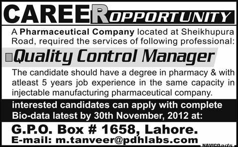 A Pharmaceutical Company Requires Quality Control (QC) Manager