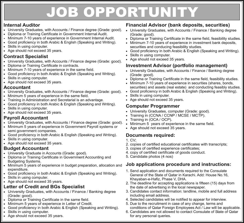 Jobs in Qatar 2012 for Auditors, Accountants, Specialists, Advisors & Programmers