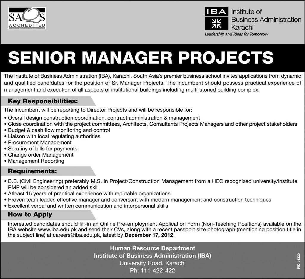 Institute of Business Administration Karachi Needs Senior Manger Projects