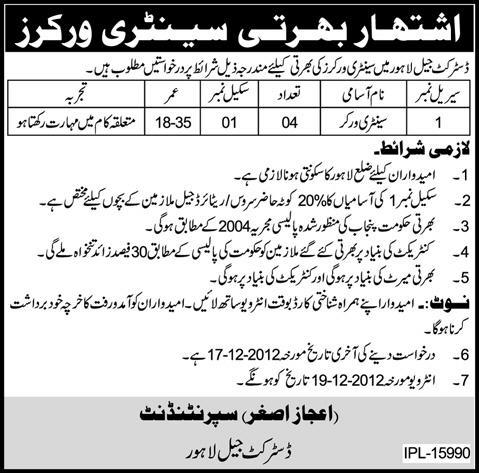 District Jail Lahore Jobs 2012 for Sanitary Workers