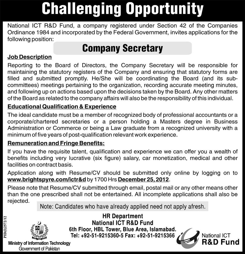 National ICT R&D Fund Islamabad Requires Company Secretary