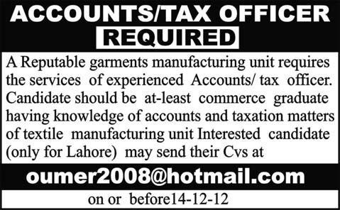 Accounts / Tax Officer Job in a Garments Manufacturing Unit