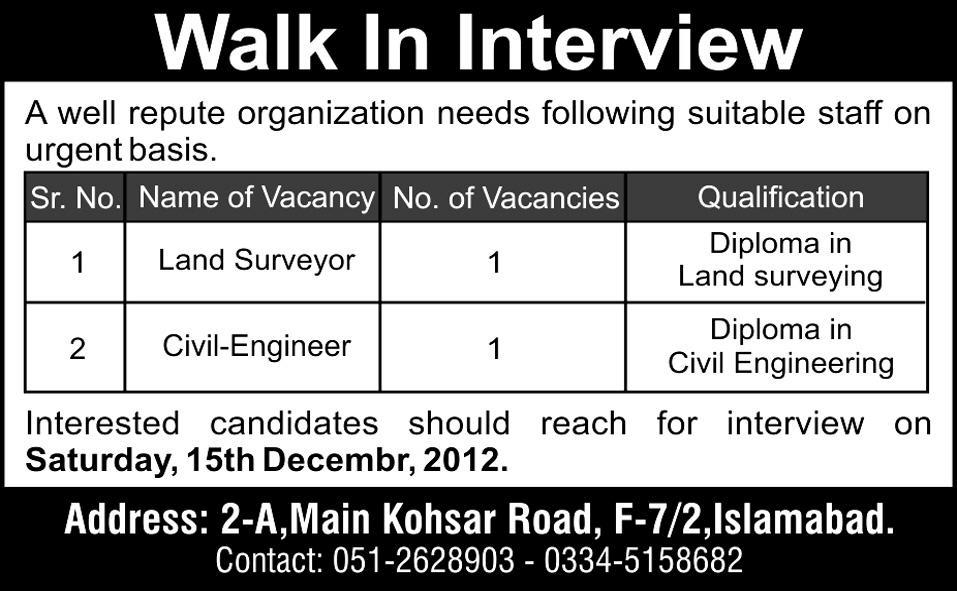 An Organization in Islamabad Requires Land Surveyor & Civil Engineer