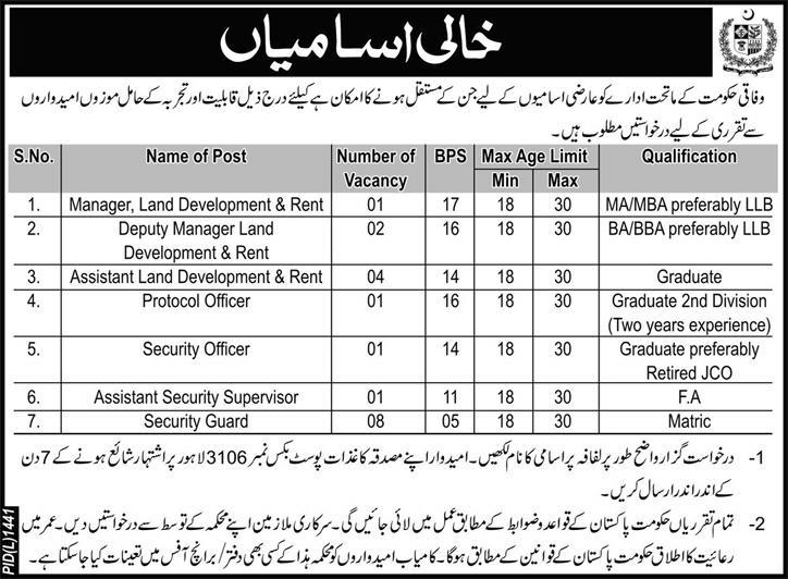 PO Box 3106 Lahore Jobs in Federal Government Sub-Ordinate Office