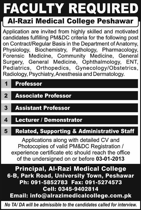 Al-Razi Medical College Peshawar Requires Faculty & Administrative Staff