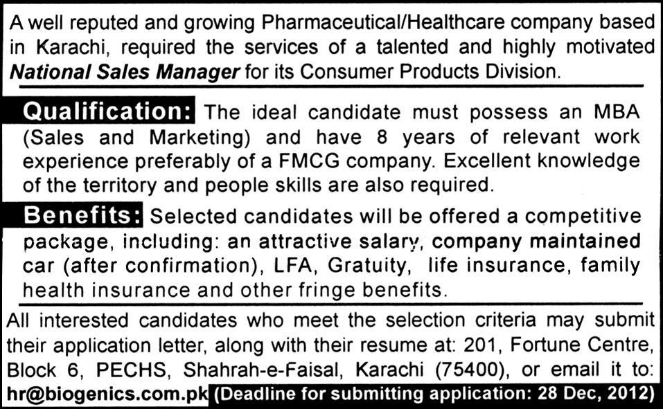 Biogenics Pakistan (a Pharmaceutical / Healthcare Company) Requires National Sales Manager