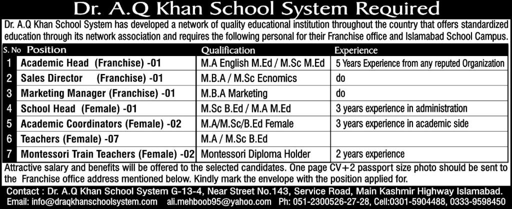 Jobs in Dr. A. Q. Khan School System