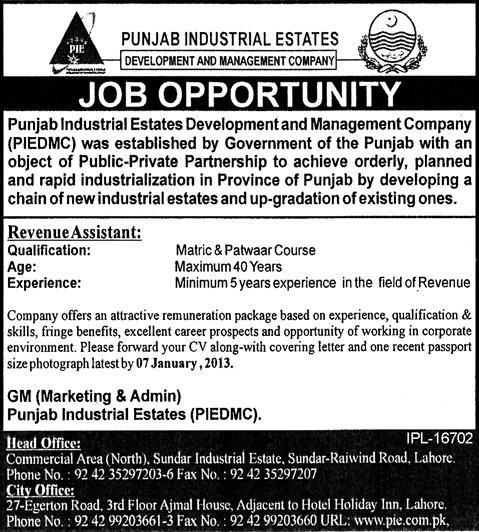 Punjab Industrial Estates Lahore Jobs 2012-2013 for Revenue Assistant
