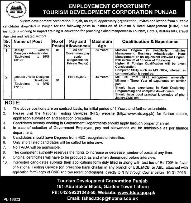 Institute of Tourism & Hotel Management (ITHM) TDCP Lahore Jobs 2012-2013