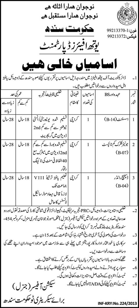 Directorate of Youth Affairs Sindh Jobs 2013
