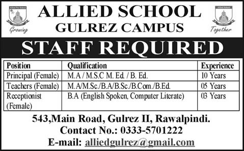 Allied School Gulrez Campus Rawalpindi Jobs for Principal, Teachers & Receptionist