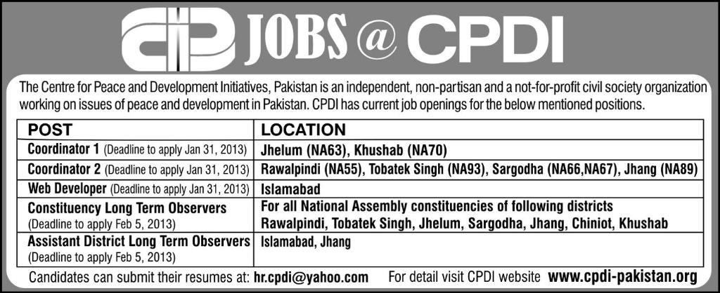Centre for Peace and Development Initiatives (CPDI) Pakistan Jobs 2013