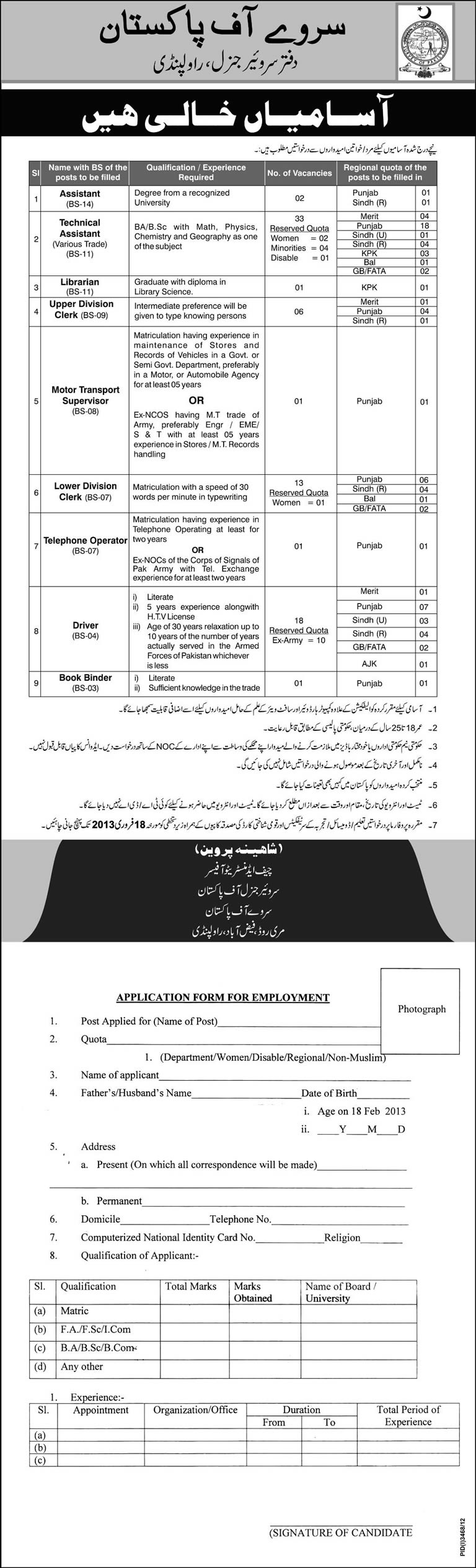 Survey of Pakistan Jobs 2013 Application Form