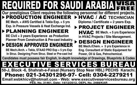 Engineers & Technician Jobs in Saudi Arabia through Executive Services Bureau