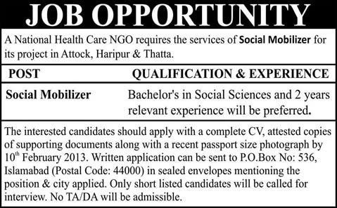 PO Box 536 Islamabad Jobs for Social Mobilizers in a National Health Care NGO