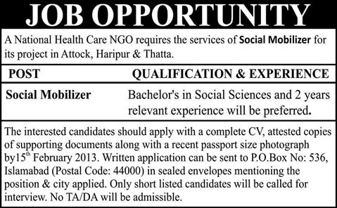 Social Mobilizer Jobs in Attock, Haripur & Thatta in NGO 2013