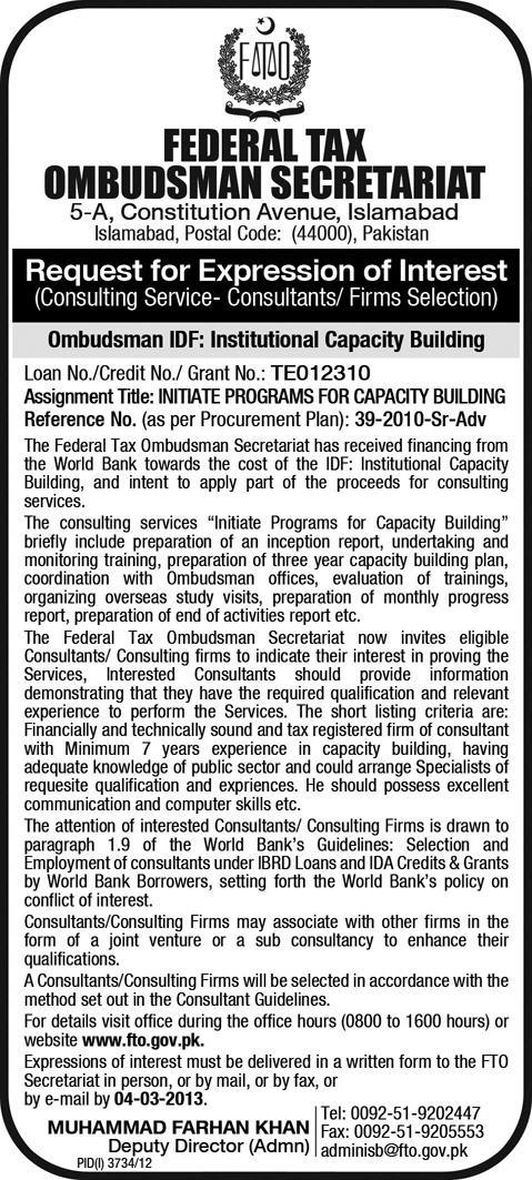 Federal Tax Ombudsman Jobs 2013 for Consultant - EOI for Institutional Capacity Building