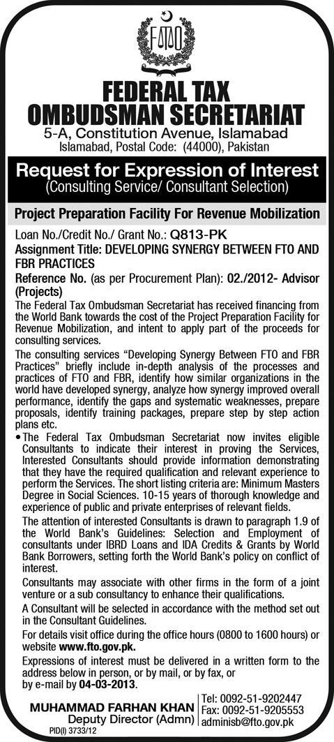 Federal Tax Ombudsman Jobs 2013 for Consultant - EOI for Developing Synergy between FTO & FBR Practices