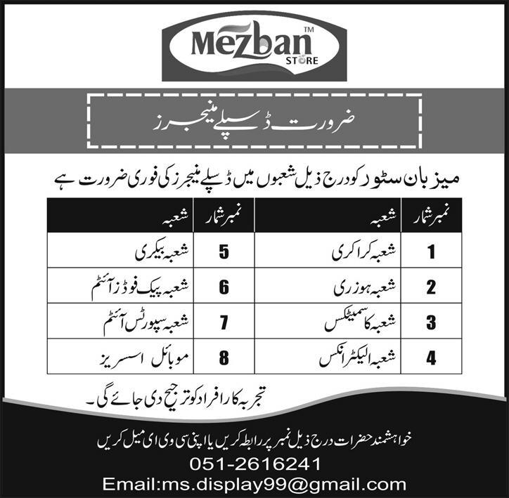 Mezban Store Jobs 2013 for Display Managers Latest