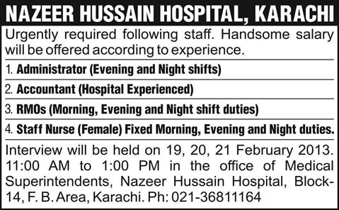 Nazeer Hussain Hospital Karachi Jobs for Resident Medical Officers, Staff Nurses, Admin & Accountant