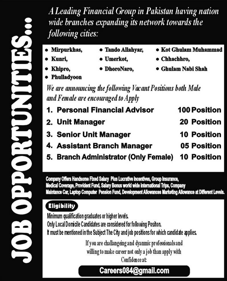 Financial Group (careers084@gmail.com) Jobs in Sindh for Branch Managers/Administrators, Unit Managers & Personal Financial Advisors