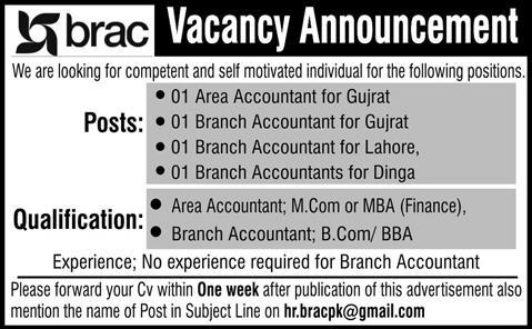 BRAC (INGO) Jobs 2013 for Accountants