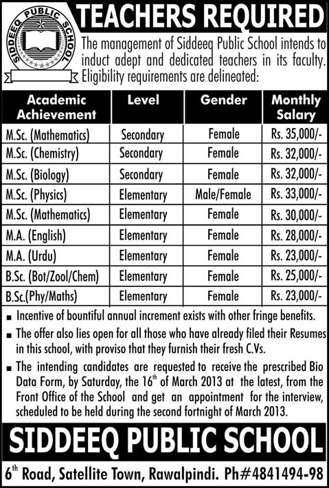 Siddeeq Public School, Rawalpindi Jobs 2013 for Teaching Faculty