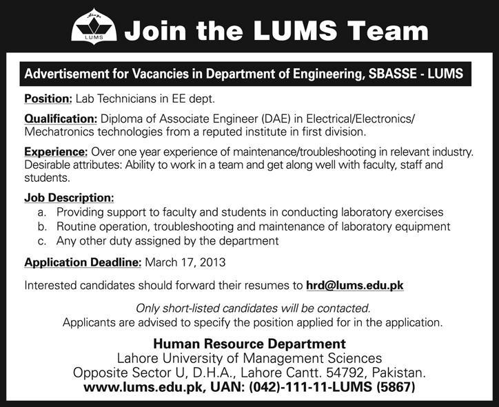 SBASSE - LUMS Jobs 2013 for Lab Technicians