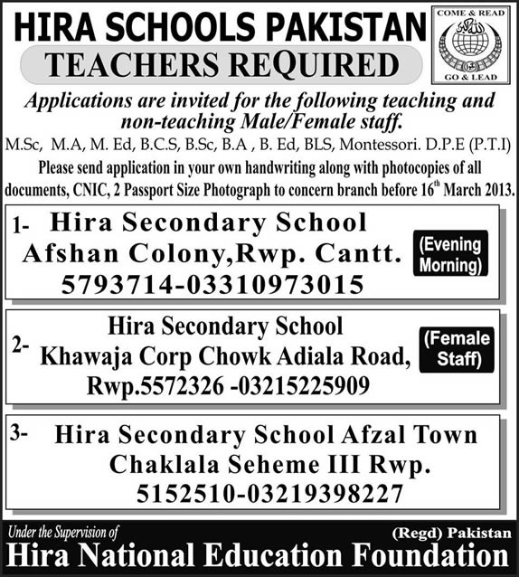 Teaching & Non-Teaching Staff Jobs at Hira Schools Pakistan