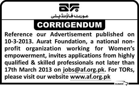 Corrigendum: Aurat Foundation (NGO) Jobs 2013 for Professionals