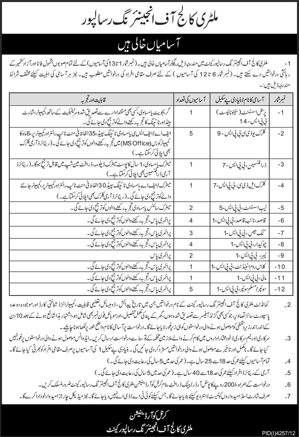 Military College of Engineering Risalpur Jobs 2013 March