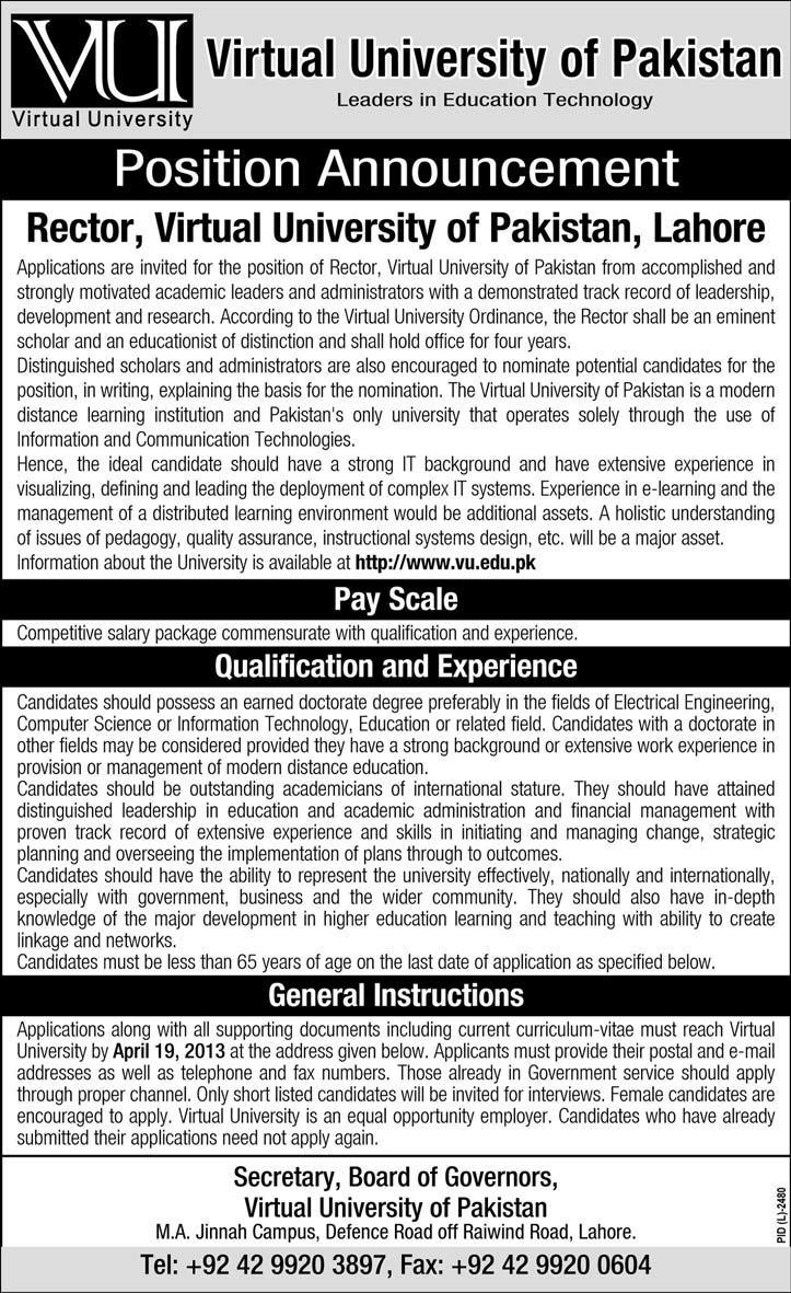 Rector Vacancy at Virtual University (VU) Lahore 2013
