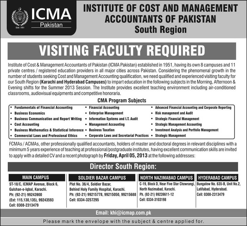 ICMAP Jobs Karachi / Hyderabad 2013 for Visiting Faculty